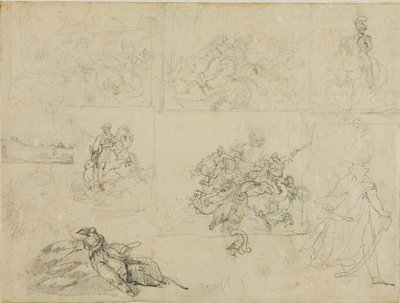Schetsen van een cavalerieslag, soldaten en een landschap door Jean Louis André Théodore Géricault