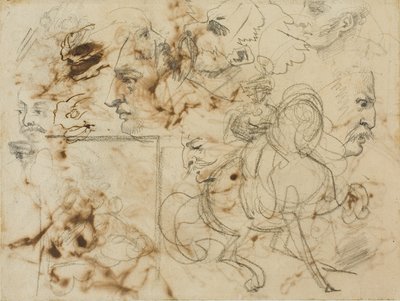 Schetsen van mannengezichten, paardensnuiten en bereden soldaten door Jean Louis André Théodore Géricault