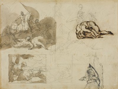 Schetsen van een cavalerieslag, een landschap met koeien en andere composities door Jean Louis André Théodore Géricault
