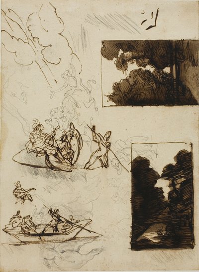 Schetsen van een bospad en een muzikaal bootfeest door Jean Louis André Théodore Géricault