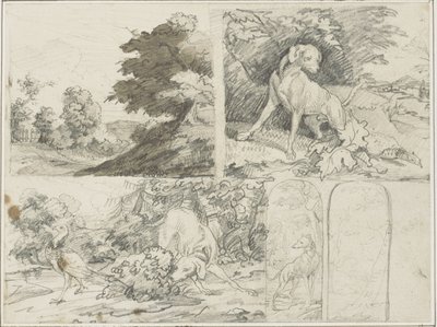 Schetsen van een bosrijke omgeving, Honden en fazanten in een landschap door Jean Louis André Théodore Géricault
