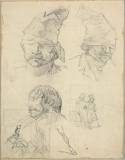Studies van hoofden en twee compositiestudies door Jean Louis André Théodore Géricault