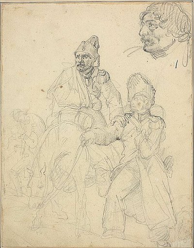 Studie van een figuurgroep, met detail van het hoofd van de grenadier door Jean Louis André Théodore Géricault
