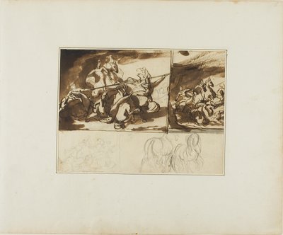 Drie schetsen van een ruiterslag en een schets van twee door Jean Louis André Théodore Géricault