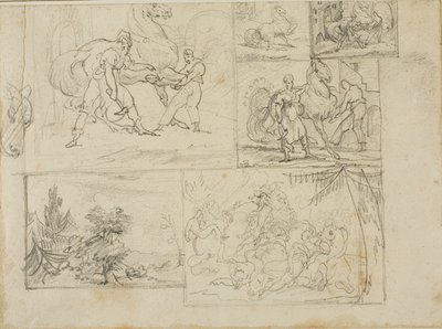 Drie studies met schetsen van een boslandschap en een cavalerieslag door Jean Louis André Théodore Géricault