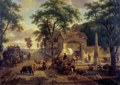 Landschap met boerenkar, kuddes en herders door Jean Louis Demarne