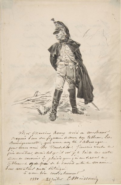 Brief aan Samuel P. Avery met een tekening van een militaire figuur, 1880 door Jean Louis Ernest Meissonier