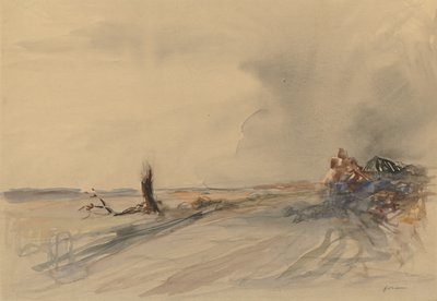 Verwoest land, figuren in een landschap ca. 1919 (grijs gewassen, aquarel en gouache) door Jean Louis Forain