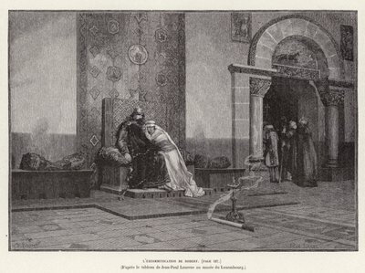 Excommunicatie van Koning Robert II van Frankrijk door Paus Gregorius V voor het trouwen met Bertha van Bourgondië, zijn nicht, 998 door Jean Louis Hamon