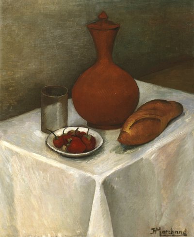 Stilleven met Aardewerken Kruik, Brood en Aardbeien door Jean Marchand