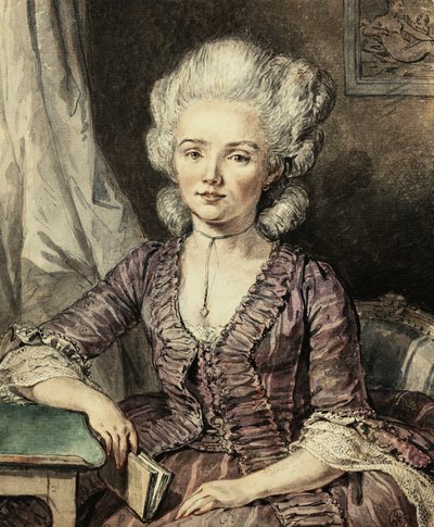 Een jonge dame zittend aan een tafel met een boek door Jean Michel the Younger Moreau