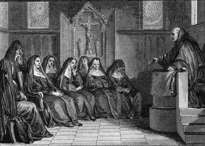 Abelard en Heloise: Pierre Abelard werd monnik van de abdij van Saint Denis. Gravure door Jean Michel Moreau, genaamd Moreau le Jeune door Jean Michel the Younger Moreau