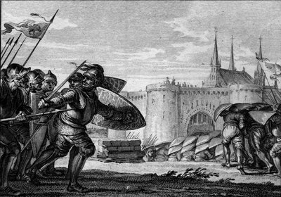 Vikingleger valt Saint Germain des Pres en zijn abdij aan. 9e eeuw (regering van Karel II de Kale). Gravure door Jean Michel Moreau, genaamd Moreau le Jeune door Jean Michel the Younger Moreau