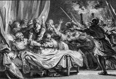 Einde van de Karolingische dynastie, 988: arrestatie van Karel (953-991), hertog van Neder-Lotharingen, door Hugo Capet (941-996) en zijn leger. Gravure door Jean Michel Moreau, genaamd Moreau le Jeune door Jean Michel the Younger Moreau