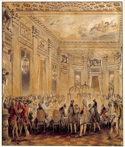 Feest gegeven door Jeanne Becu, gravin van Barry, minnares van Lodewijk XV, in het kasteel van Louveciennes door Jean Michel the Younger Moreau