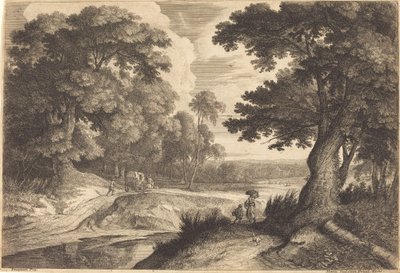 Rand van een Bos met Boeren op Weg naar de Markt door Jean Morin, after Jacques Fouquières