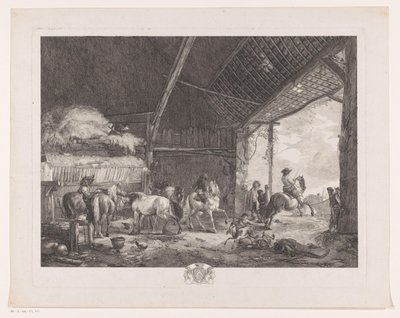 Figuren en paarden in de stal van het postkantoor door Jean Moyreau