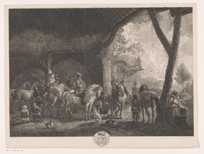 Jachtgezelschap, vertrekkend uit een stal door Jean Moyreau