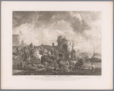 Verschillende figuren en paarden bij het water voor een brug door Jean Moyreau