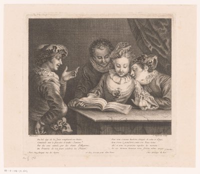 Zingende jonge vrouw en drie jongemannen aan een tafel door Jean Moyreau