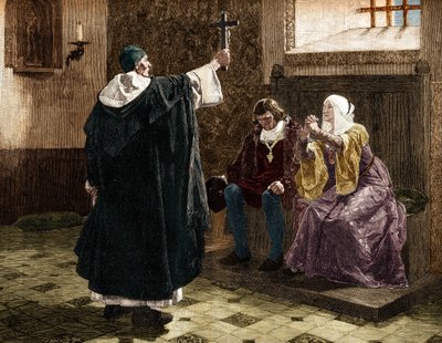 De grote Spaanse inquisiteur, Fray Tomas de Torquemada (1420-1498), tussen de katholieke koningen Ferdinand II en Isabella I van Castilië door Jean Paul (after) Laurens
