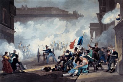 Revolutie van 1830: Een student van de Ecole Polytechnique greep een stuk kanon tijdens de verovering van het Palais-Royal op 28 juli door Jean Pierre Marie Jazet