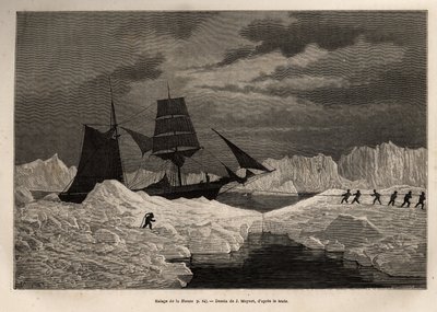 Het slepen van het Duitse schip La Hansa, door zijn bemanning, om een ijsbarrière over te steken naar bevaarbare wateren, gegraveerd naar de tekening van J. Moynet, ter illustratie van de reis van de schepen La Germania en La Hansa naar de Noordpool in 186 door Jean Pierre Moynet