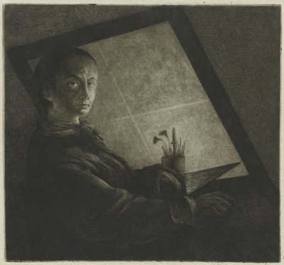 Zelfportret als graveur door Jean Pierre Norblin de La Gourdaine