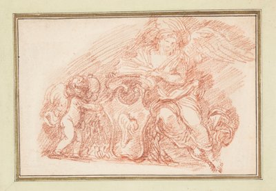 Gevleugelde figuur en putto die een wapenschild ondersteunen door Jean Robert Ango