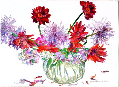 Gerbera margrieten, Ster van Bethlehem, Spinchrysanten, Heisey kruik, 2000 (aquarel  inkt op papier) door Jean Swan Gordon