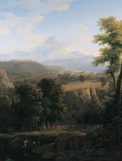 Een ceremoniële processie in een uitgestrekt landschap door Jean Victor Bertin
