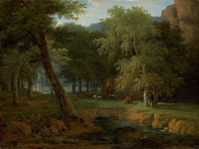 Boslandschap met nimfen en een herme door Jean Victor Bertin