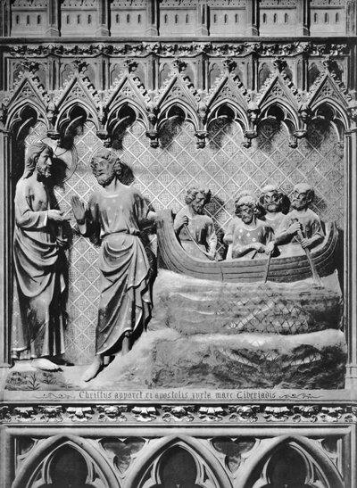 Kathedraal, interieur, koorscherm, Jezus Christus verschijnt op het Meer van Tiberias, de wonderbaarlijke visvangst, ca. 1340-51 door Jean and Jean Le Boutellier Ravy