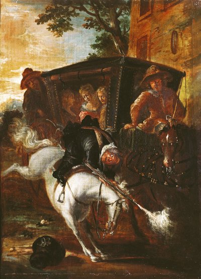 Met een musket op zijn rug klimt Ragotin op zijn paard om het gezelschap te vergezellen, uit 