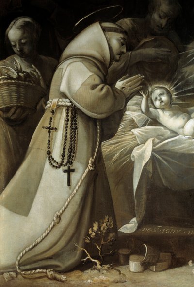 Aanbidding van de herders Een monnik die bidt voor het kind Jezus. Schilderij door Jean de Saint Igny door Jean de Saint Igny