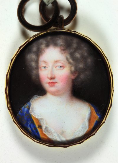 Een dame in een oranje gevoerde blauwe jurk door Jean the Elder Petitot