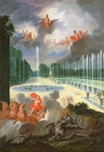 De bossen van Versailles. Uitzicht op de Drakenvijver en de Neptunusvijver, met Apollo die Python doodt door Jean the Younger Cotelle