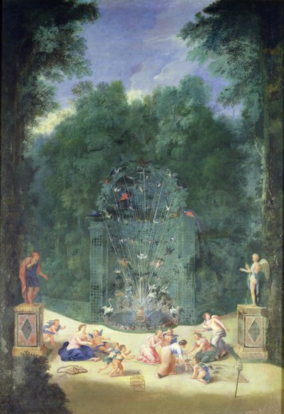 De Bossen van Versailles: Uitzicht op de Ingang van het Doolhof met Vogels, Nimfen en Cherubs, 1688 door Jean the Younger Cotelle