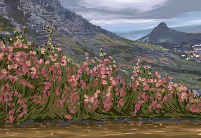 Roze bloemen en uitzicht op de bergen door Jenna Alheit