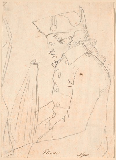 Portret van de kopergraveur J.F. Clemens. Driekwart figuur zittend in profiel naar links door Jens Juel