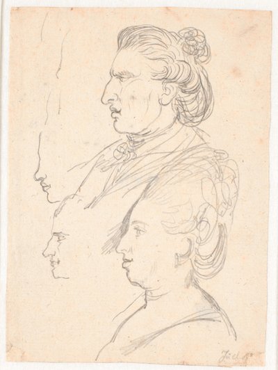 Profielportretten van koningin Caroline Mathilde, J.F. Struensee en Enevold Brandt, en een schets, mogelijk van Juel zelf. Allemaal in profiel naar links door Jens Juel