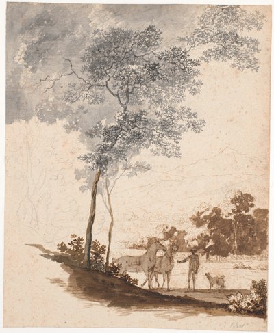 Zwitserlandschap met een ruiter die twee paarden en een paar honden vasthoudt; studie voor het portret van Jean-Armand Tronchin door Jens Juel
