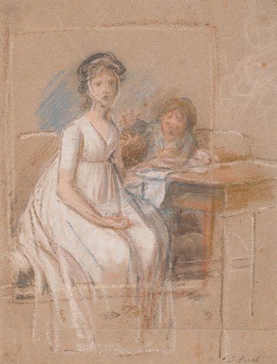 Ontwerp voor een portretgroep. Regine Sophie Tutein, geboren Wraatz met zoon Peter door Jens Juel