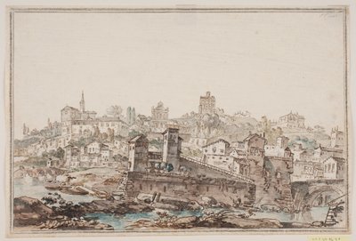 Stadsgezicht met huizen en kerk bij rivier. Het oude Rome door Jens Petersen Lund