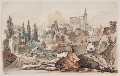 Prospekt met paleis omgeven door bomen en rotsen door Jens Petersen Lund
