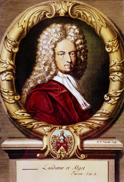 Portret van Daniel Defoe (kleur litho) door Jeremiah (after) Taverner