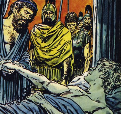 Alexander stierf aan koorts in 323, 32 jaar oud (kleurenlitho) door Jesus Blasco