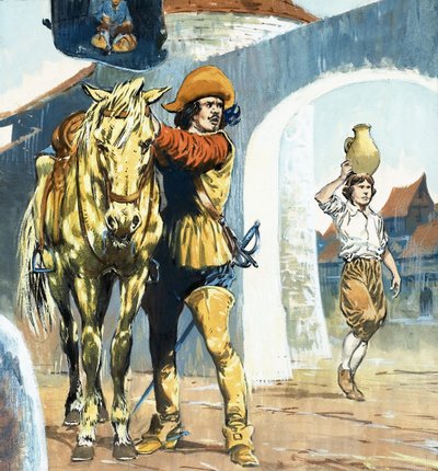 Ongeïdentificeerde foto van cavalier buiten een herberg met paard door Jesus Blasco