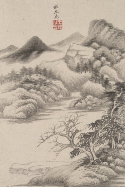 Landschap in de stijl van verschillende oude meesters: In de stijl van Dong Yuan, 1669 (inkt en kleur op papier) door Wang Jian