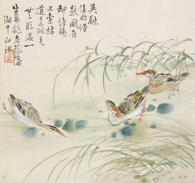 Drie eenden zwemmen in een vijver, 1857 door Jin Yuan